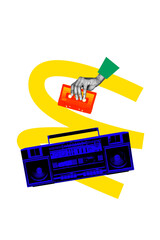 Creative composite sketch design artwork collage of incognito hand hold cassette tape carefree relax vintage party boombox tool recorder
