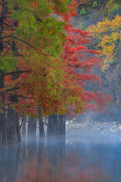 View of serene Lake Sukko with colorful foliage and mist, Sukko, Krasnodar krai, Russia.