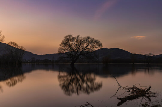 View of serene Dragone Lake at sunset with tranquil tree reflections and picturesque mountains, Volturara, Italy.