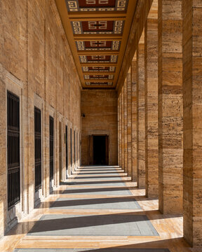 View of Ataturk mausoleum with elegant architecture and ornate columns, Ankara, Turkey.