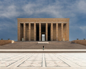 View of Ataturk mausoleum with grand columns and steps, Ankara, Turkey.