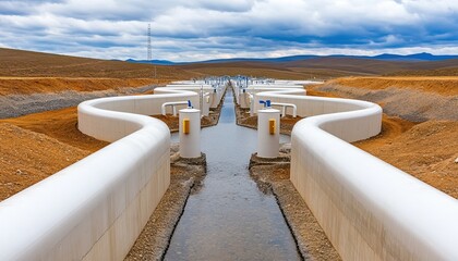 Fototapeta premium A scenic view of winding water channels and valves in a dry landscape under a cloudy sky, showcasing infrastructure for water management.