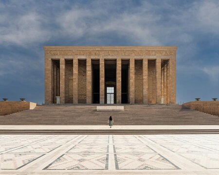 View of Ataturk mausoleum with grand columns and steps, Ankara, Turkey.