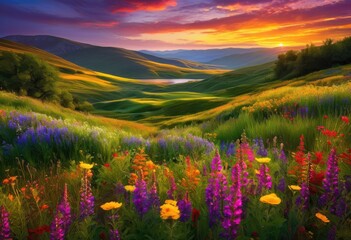 Obraz premium vibrant natural colors captivating landscape textures stunning scenic view flourishing flora, nature, hills, valleys, scenery, forest, mountains, river
