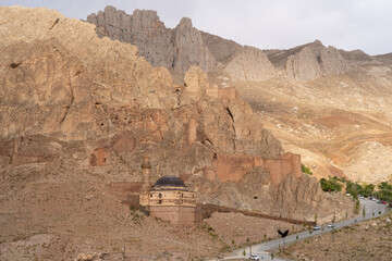 View of Dogubayazit Castle amidst rugged mountains and rocky terrain, Eastern Turkey Agri, Turkey.