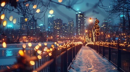 Obraz premium Snowy city park path at night with festive lights.