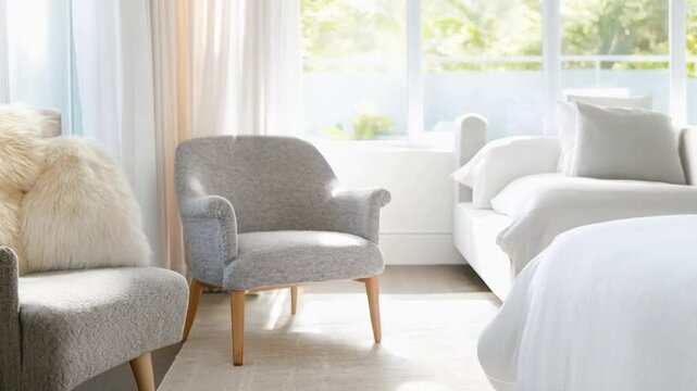 Skandinavisches Schlafzimmer. Auf dem Bett stehen symbolisch zwei kleine Holz-H&auml;usern. Die Kamera schwenkt nach links zu einem Sessel und wieder zur&uuml;ck.