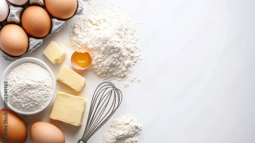 Poster Baking staples like flour, eggs, and butter neatly arranged on a white background with space for personalized text or notes. Generative AI