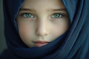 A young girl with green eyes is wearing a blue scarf