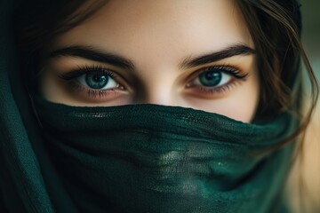 Fototapeta premium A woman with long eyelashes and blue eyes is wearing a green scarf