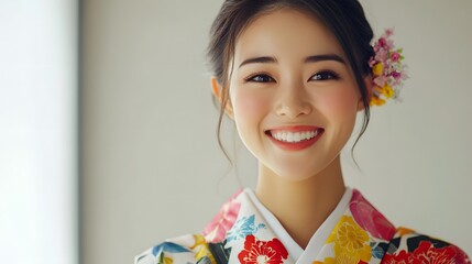 Fototapeta premium Japanese woman on white background smiling
