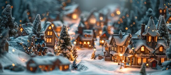 Enchanting winter village scene with snow-covered houses, glowing windows, and illuminated trees.