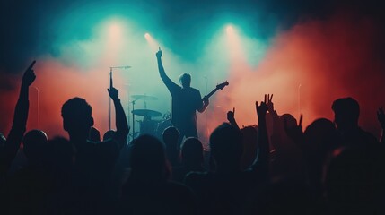 Energetic live music performance with a guitarist on stage and enthusiastic crowd.