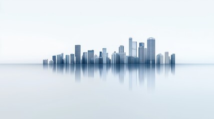 Fototapeta premium A serene cityscape featuring reflective skyscrapers on a smooth surface, creating a minimalist and tranquil atmosphere.