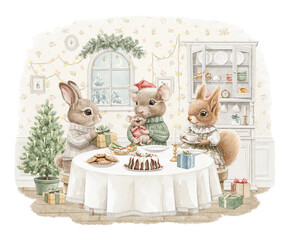 Watercolor vintage composition with three animals friends squirrel, mouse and rabbit in clothes celebrating at round table with food in Christmas room. Hand drawn illustration sketch © Mimomy