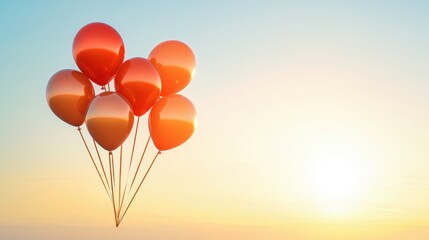 Fototapeta premium A cluster of red balloons floats against a serene sunset, creating a vibrant and uplifting atmosphere.