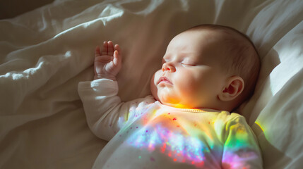 Sleeping baby bathed in soft rainbow light on a cozy bed, serene and magical atmosphere