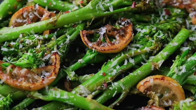Tenderstem broccoli and charred lemon served in black plate.