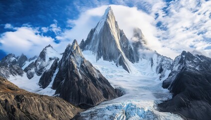 A mountain range with a large snow covered peak and a glacier