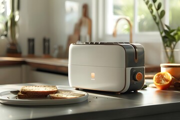 A modern toaster on a kitchen counter with sliced bread and a citrus fruit nearby.