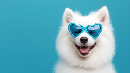 Fototapeta premium Happy white dog wearing blue heart-shaped sunglasses on a bright turquoise background, radiating playful and cheerful summer vibes, perfect for pet and fun lifestyle themes