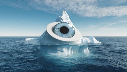 An iceberg floating on a vast blue ocean. The tip of the iceberg, which is above the water, resembles an eye