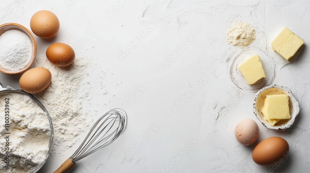 Poster flour, fresh eggs, butter, and a whisk are artfully arranged on a simple background, leaving space f