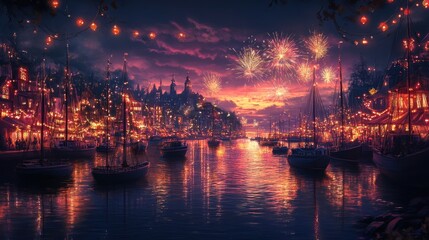 Naklejka premium A vibrant waterfront scene at dusk, illuminated by festive lights and fireworks.