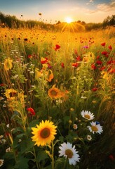 Fototapeta premium captivating summer landscape filled vibrant blossoms array colorful blooming flowers under sunshine filled sky, blooms, colors, garden, nature, petals