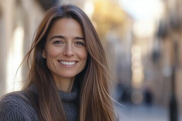 Fototapeta premium A woman with long brown hair is smiling and wearing a gray sweater