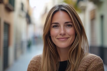 Fototapeta premium A woman with long brown hair is smiling and looking at the camera