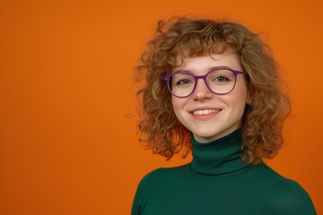 Obraz premium A woman with curly hair and purple glasses is smiling at the camera