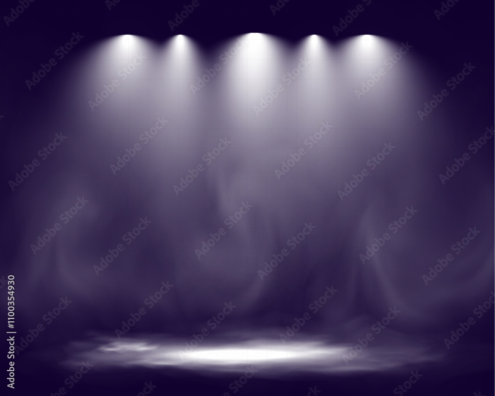 Poster spotlights shining down in a dark, misty atmosphere, creating a dramatic stage or stadium effect wit