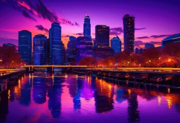 Fototapeta premium captivating vibrant city skyline twilight showcasing illuminated buildings under stunning evening sky, architecture, colorful, design, illumination