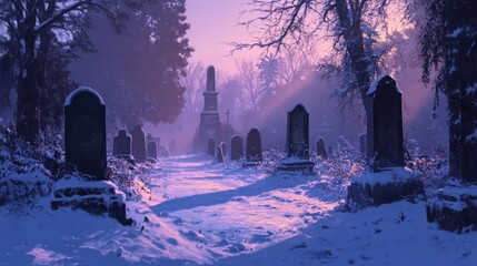 A serene winter cemetery scene with gravestones and soft purple light.