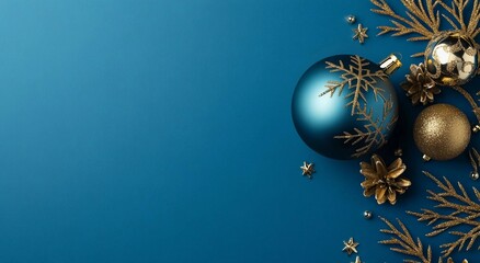 Cover with a Christmas toy on a blue background. Merry Christmas and Happy New Year. Winter holiday template, greeting card, screensaver, banner, poster with space for text. Holiday concept.