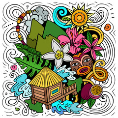 Tahiti hand drawn cartoon doodle illustration. Creative funny vector background with French Polynesia elements and objects