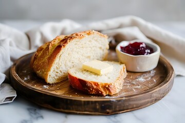 Freshly baked bread with butter and jam on a wooden platter.