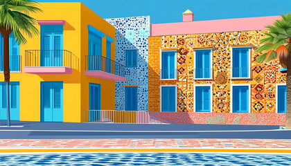 Colorful buildings adorned with intricate patterns in a vibrant coastal town