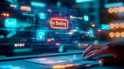 Fototapeta premium Holographic Open Banking Interface Above Modern Computer Desk