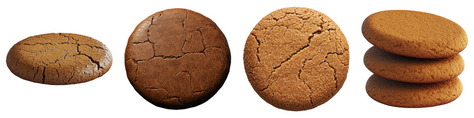 Ginger snap cookie isolated on transparent background, Set of