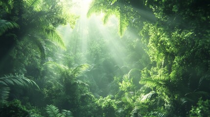 Obraz premium Lush Green Canopy Sunlight Filtering Through Tropical Rainforest