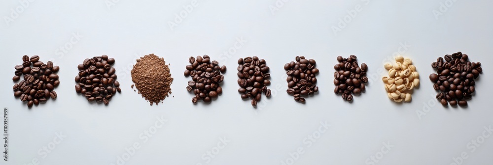 Aufkleber Different types of coffee beans arranged on a white surface, showcasing their unique textures and colors, with room for additional information. Generative AI