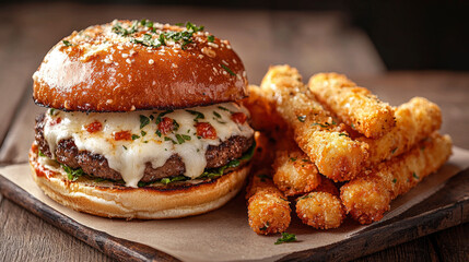 This delicious burger features a thick patty, melted mozzarella, and fresh toppings, accompanied by a side of golden, crunchy fries at a cozy eatery