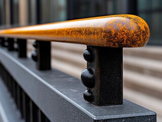 A close up of a metal railing with a yellow top