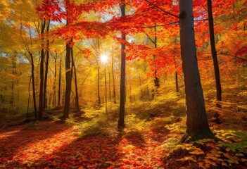 Fototapeta premium vibrant leaves rich textures illuminated autumn sunlight natural setting, foliage, colors, nature, landscapes, forest, seasonal, outdoor, scenery