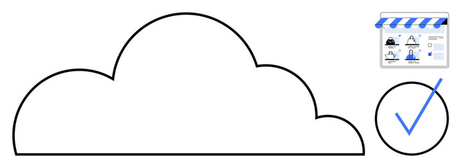 Cloud outline with white space, checkmark in a circle, and small storefront graphic. Ideal for online shops, cloud services, web validation, e-commerce, digital marketing, online security business