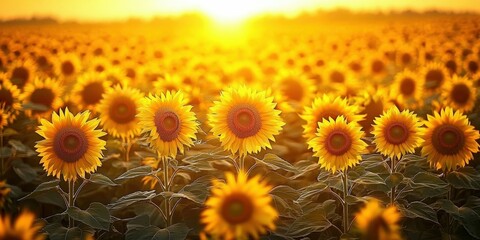 Obraz premium Field of sunflowers at sunset with golden hues and long shadows, natural rural setting,