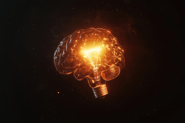A glass lightbulb shaped like a human brain with a glowing lit element inside over black background. Idea concept.