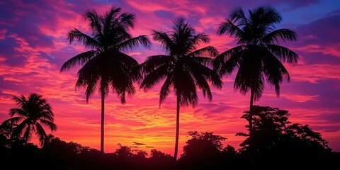 Obraz premium Palm trees silhouetted against a vivid sunset sky with a vignette effect, tropical landscape, warm natural lighting,